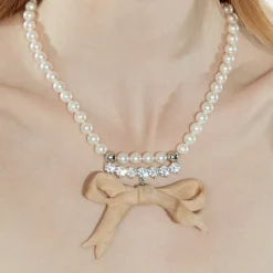 New Material / Wooden Bow Gemstone Pearl Necklace