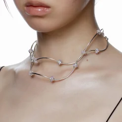 Ripple / Curved Silver Tube Gemstone Bead Necklace